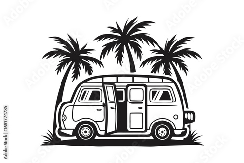 Monochrome Camper Van with Open Doors and Palm Trees on White Background