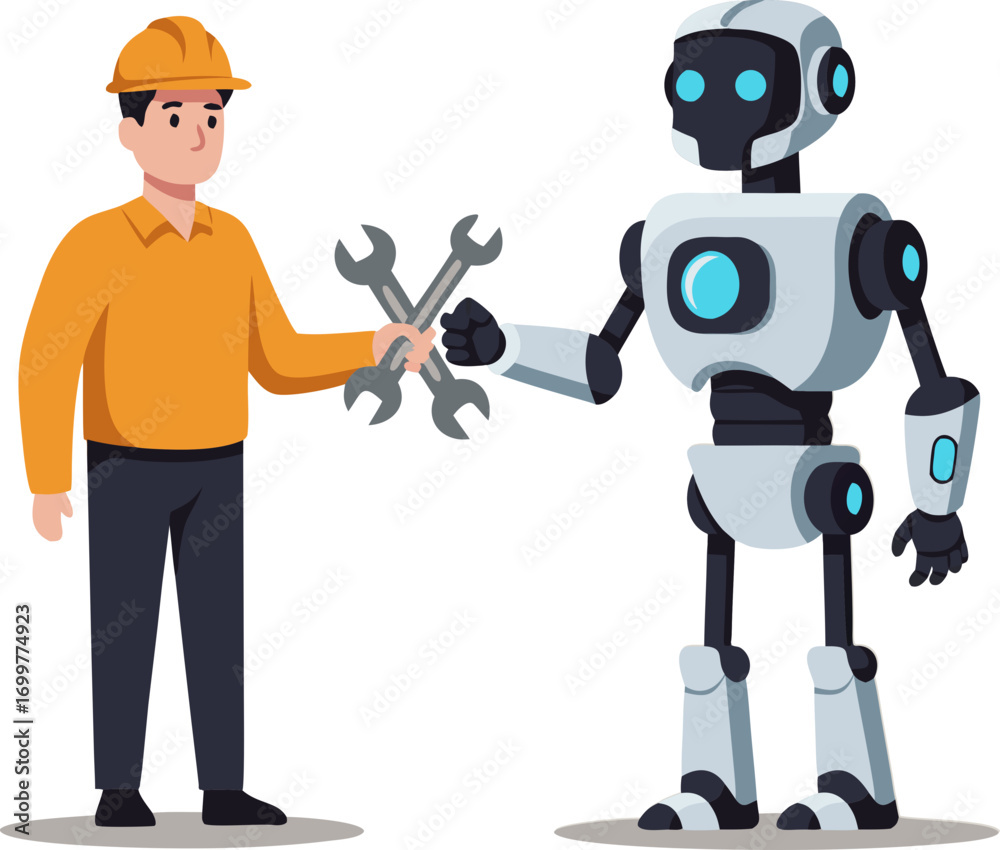 Naklejka premium A person hands over tools to work, symbolizing the replacement of human labor with code and automation. This is a concept of the future, technology, artificial intelligence, and robotics.