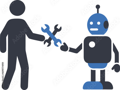 A person hands over tools to work, symbolizing the replacement of human labor with code and automation. This is a concept of the future, technology, artificial intelligence, and robotics.