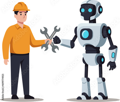 A person hands over tools to work, symbolizing the replacement of human labor with code and automation. This is a concept of the future, technology, artificial intelligence, and robotics.