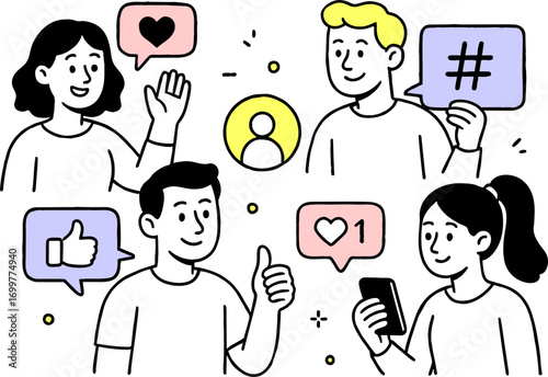 Social media, digital marketing, online communication and networking concept. A set of illustrations of people using mobile gadgets in various activities and internet services.