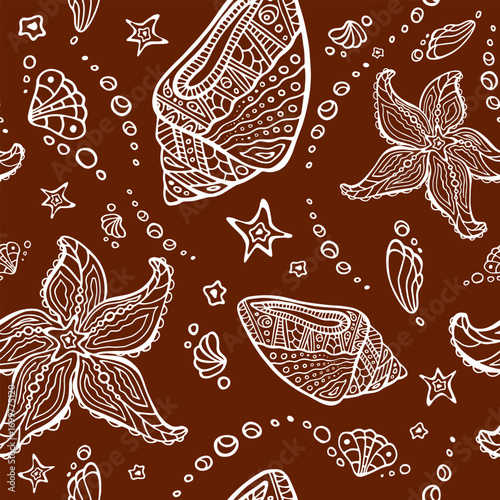 Starfishes and shells contour sea seamless pattern. Stylized seastar and conch boundless background. Polynesian ocean dark brown endless texture.