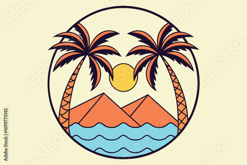 Egyptian Pyramids and Palm Trees by the Water Under a Yellow Sun giza sphinx