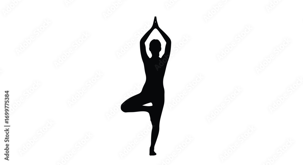 Fototapeta premium Silhouette of a woman practicing the tree pose in yoga displaying stability and balance a symbol of serenity and wellness achievement