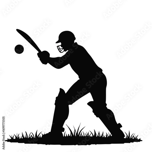 Cricket batsman silhouette poised to strike ball Keywords: cricket, batsman, silhouette, sport