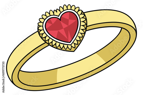 Gold Ring with Red Heart Shaped Gemstone Isolated on White Background golden jewelry