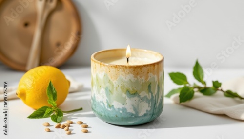 a high resolution biodegradable seed infused candle holder with lemon balm seeds, highlighted by colorful natural pigment finish, intended for everyday use