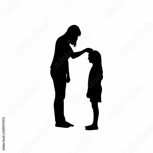 Silhouette of mother checking child s temperature with hand isolated on white background