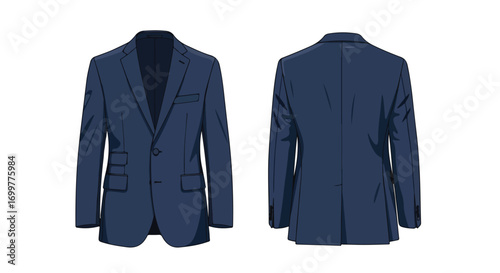 Crisp Navy Suit Jacket Displayed Front and Back for Apparel Design and Fashion Industry Visualizations