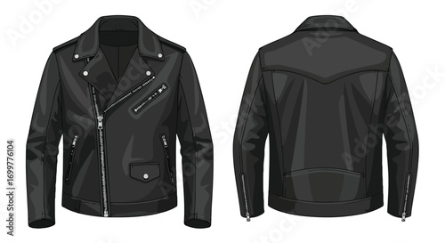 Realistic illustration of a classic black leather biker jacket showcasing front and back design details on white background