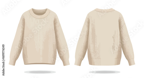 Cozy Elegance: Front and Back Views of a Cream-Colored Knitted Sweater for Fashion Mockups design