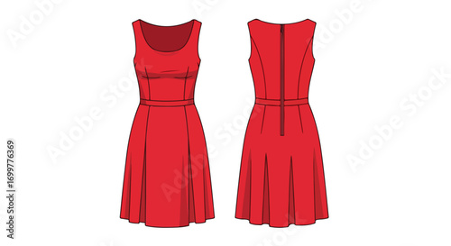 Illustration of a classic red dress showcasing front and back views with simple lines and details for fashion design or retail display