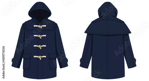 Stylized navy duffel coat with toggle closures, showcasing front and back views against a clean white backdrop illustrating fashion elements