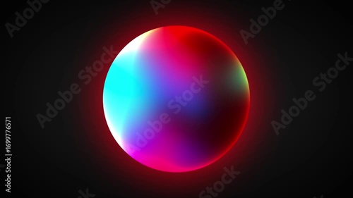 Vibrant multicolored neon sphere glowing with a red aura on a dark background, an abstract futuristic orb design