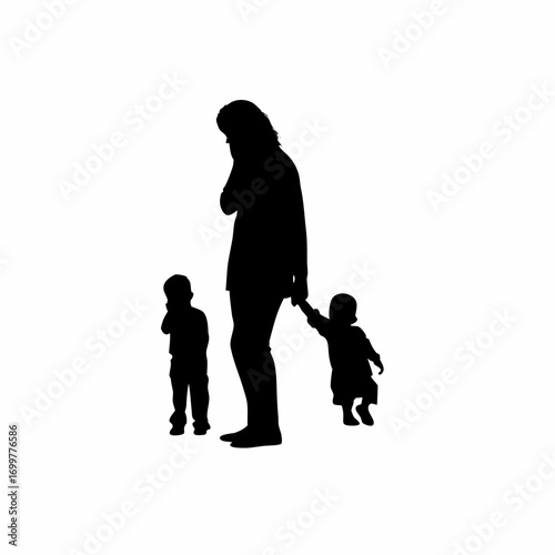 Silhouette of a mother crying alone while children play isolated on white background