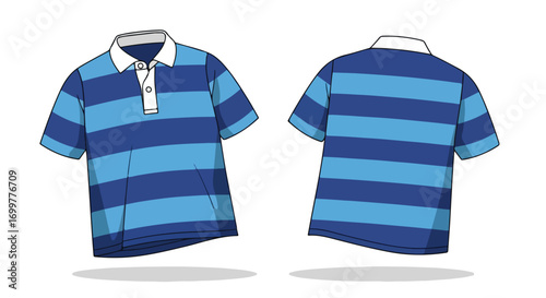 Striped polo shirt illustration in shades of blue featuring a white collar and button placket showcasing both front and back views