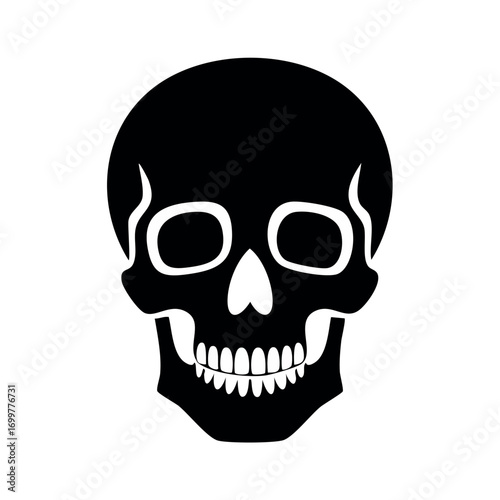 A stark, black and white illustration of a human skull, facing forward.