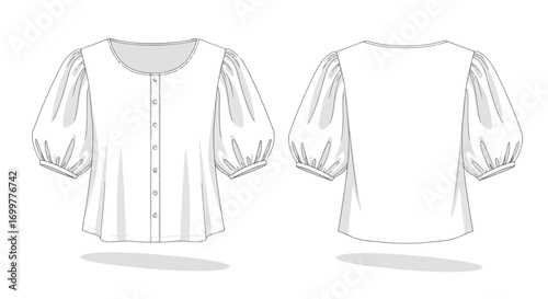 Technical fashion drawing showcasing a front and back view of a button-down blouse with balloon sleeves on a white backdrop