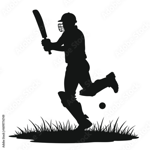 Cricket batsman silhouette running with bat and ball Keywords: cricket, batsman, silhouette