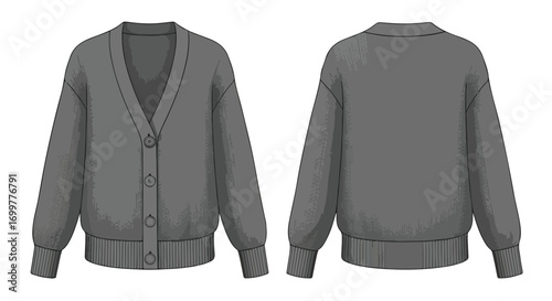Gray cardigan fashion sketch displaying front and back design elements with buttons and detailed texture in vector graphic style