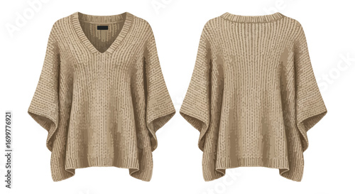 Beige ribbed knit poncho sweater front and back view, showcasing its relaxed fit and stylish simplicity for versatile styling options