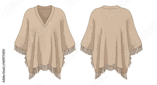 Digital fashion illustration showcasing front and back views of a poncho with fringe details in a neutral color palette