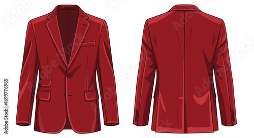 Crimson blazer illustration showcases front and back details, tailored design and vibrant hue, perfect for fashion visualization and style exploration