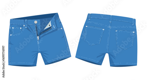 Stylish Denim Shorts Vector Illustration Showcasing Front and Back Views with Detailed Stitching and Functional Design Elements