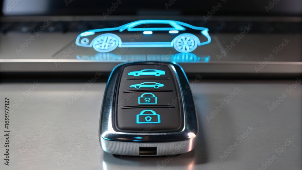 Obraz premium secure remote access Smart car key fob with holographic vehicle display on a sleek surface.