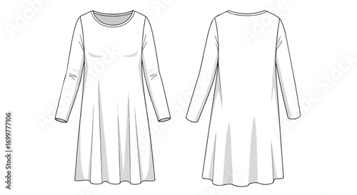 Technical sketch showcasing a long-sleeved, knee-length, flared dress design with front and back views for fashion designers and pattern makers