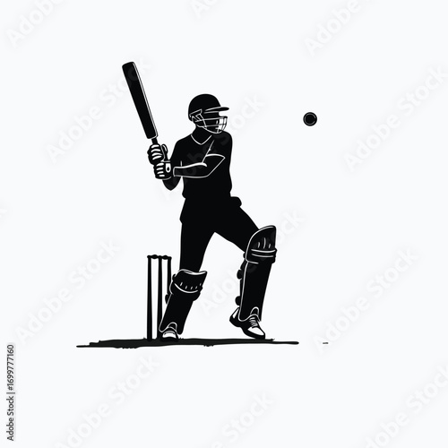Cricket batsman silhouette swinging bat at ball Keywords: cricket, batsman, silhouette, sport