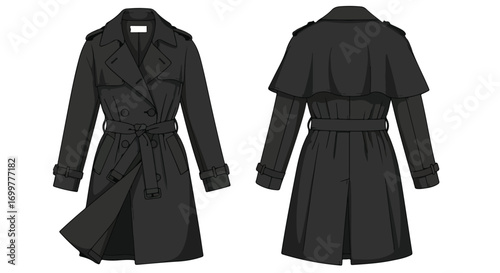 Sophisticated vector illustration of a modern black trench coat in front and back views reflecting versatile design and timeless style
