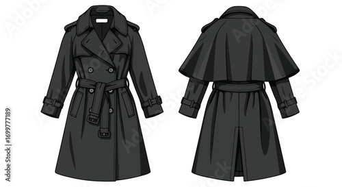 Elegant black trench coat design with double-breasted front and classic cape detail showcasing timeless style and sophistication