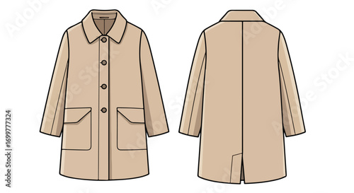 Technical drawing of a beige coat with buttons and pockets for fashion design, offering front and back views, showing garment details and