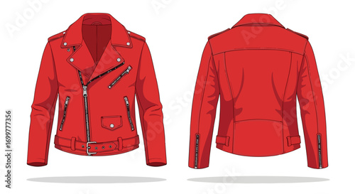 Illustrative depiction of a fiery red biker jacket showcasing front and back details in high definition rendering isolated on a clean white background