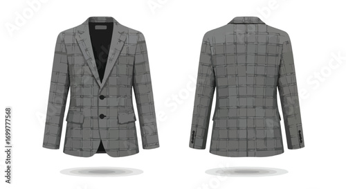 Sophisticated grey plaid blazer showcased from the front and back with pristine isolated presentation emphasizing bespoke tailoring detail