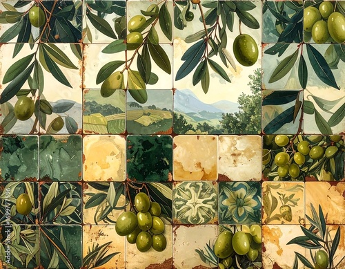 Olive branch mosaic tile arrangement, an elegant illustration art design