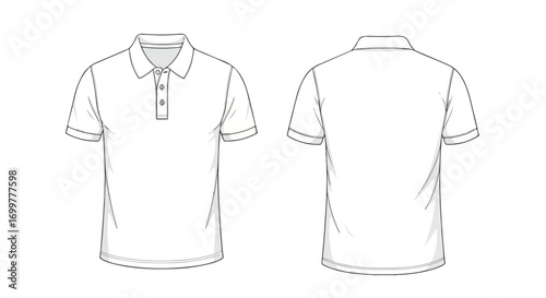 Technical fashion drawing of a polo shirt, front and back view, ideal for fashion design and technical specifications, a versatile fashion mockup