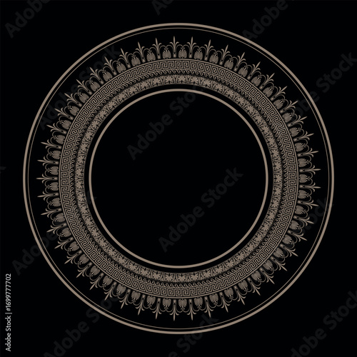 Golden Greek key and floral meander frame. Circle european antique border. Circular pattern. Patterns of Greece, ancient Rome. Vintage decorative elements. Islam, Arabic, Indian, ottoman motifs