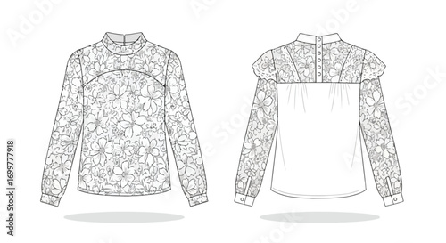 Floral pattern blouse design sketch, stylish long sleeve top technical drawing for fashion creation and designer presentation