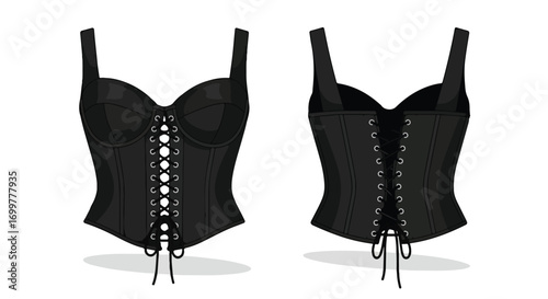 Detailed front and back view of a classic black boned corset with eyelets and lacing, rendered digitally for design versatility