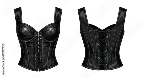 Illustration showcasing a glossy black corset with front lacing detail and a view of the back design emphasizing the lace-up closure design