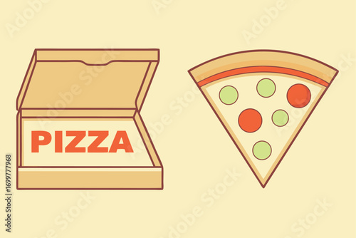 Open Pizza Box and Slice of Pizza on Yellow Background Keywords: pizza, slice, food, italian, cuisine