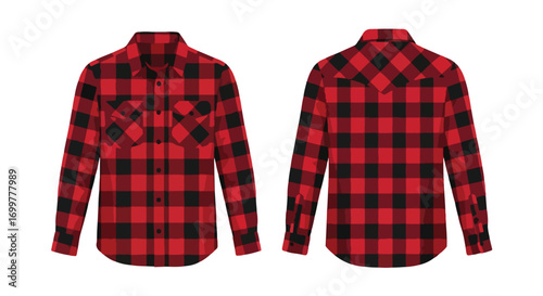 Fashionable red and black plaid shirt front and back isolated showcasing modern flannel lumberjack style clothing on a clean white background