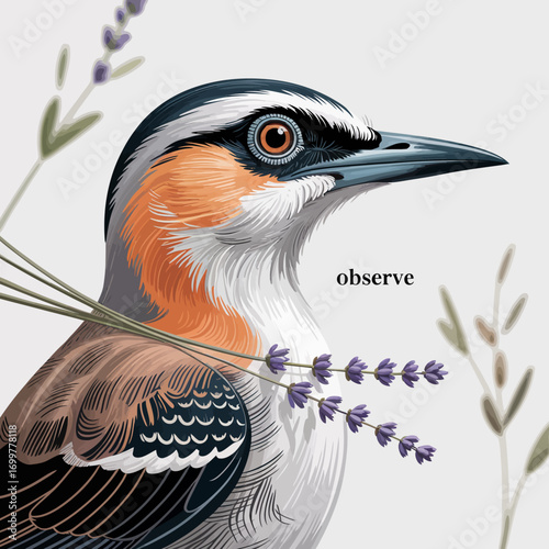 This close-up image highlights a colorful bird adorned with lavender accents, capturing the intricate details of its plumage and conveying a sense of harmony with nature.