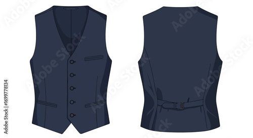 Elegant navy waistcoat illustration showcasing front and back details for fashion designs or tailoring graphics