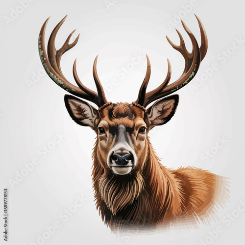 This vibrant and realistic portrait features a majestic deer with impressive antlers, capturing the essence of nature's beauty and wildlife in a stunning close-up.
