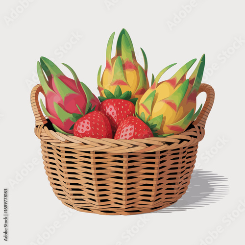 A vibrant basket filled with assorted fruits, prominently featuring dragon fruits with spikes, nestled alongside plump red strawberries, set against a white background.