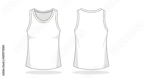 Sleeveless Top Technical Drawing: Front and Back Views on White Backdrop for Fashion Design Resources