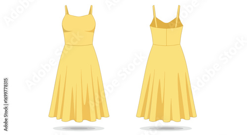 Elegant yellow sundress illustration: front and back views showcasing a classic summer style design with a flattering silhouette and flowing fabric
